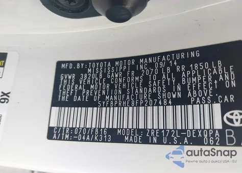 2015 Toyota Corolla Le Eco from USA, damaged, VIN 5YFBPRHE8FP207484